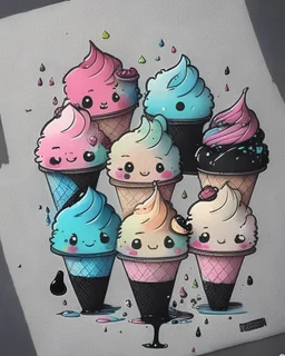 colorful, kawaii chibi icereams on pale black paper, very detailed illustration, sketch, concept art, ink outlines, smooth