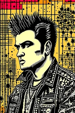 create a vector poster with an image of a punk Elvis Presley and a detailed background