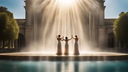 sunlight, sparkling fountains, recreation, relaxation, luxury, magnificent, showers, glistening water spray, people, dream world, calm beauty, symmetry, fantasy world, magic, splendor, uplifting, inspiring, therapeutic, chiaroscuro, color, award-winning colour photograph, beautiful composition, exquisite detail, Nikon 135mm