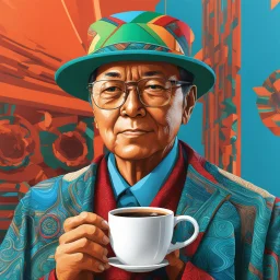 Imágen de arte lineal de Gustavo Petro tomando café, sombrero, ruana al hombro, sin corbata, calidad ultra, hiperdetallado, 8k, 3d, colores complementarios