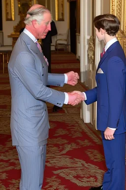 The Prince of Wales in traditional dress shakes hands with a young guest dressed in a blue suit, drawing room of St James's Palace, during a reception