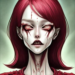 woman with weird face, Junji Ito style, darkred tones,