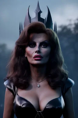 young sophia loren as evil queen in black leather, angry, stern look, volumetric lighting, particales,highly detailed,cinematic, deep colours,8