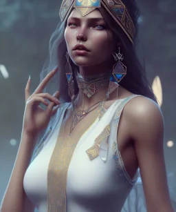 Gipsy, beautiful, curvy body, white fabric dress, beautiful long hair, bandana covering head, long earings, head and shoulders portrait, holding tarot card, 8k resolution concept art portrait by Greg Rutkowski, Unreal Engine 5 volumetric lighting