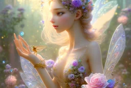 one very little beautiful fairy above one big crystal subtle flower in a galactic ambiance, transparent petals, delicate colors, in the foreground, full of details, smooth, bright sunshine，soft light atmosphere, light effect，vaporwave colorful, concept art, smooth, extremely sharp detail, finely tuned detail, ultra high definition, 8 k, unreal engine 5, ultra sharp focus