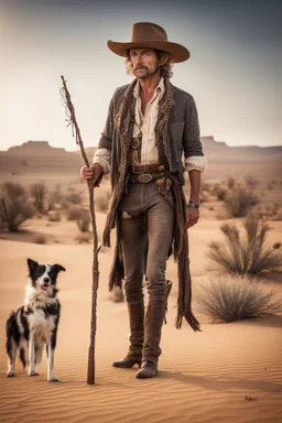 Full body cowboy in a desert with a dog and fancy walking stick