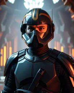 star wars bald male corellian pilot wearing pearlescent black and gunmetal grey First Order special forces heavy assault stealth commando armor with helmet with gold and metallic red trim inside the jedi temple, hyperdetailed, dynamic lighting, hyperdetailed background, 8k resolution, volumetric lighting, light skin, fully symmetric details