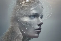 double exposure, merged layers, woman shaped silver wire mesh, real pearl and driftwood, contemplative gaze into the distance, dreamlike composition, front illuminated, silver glitters