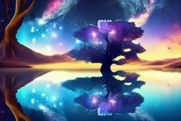 tree, water reflection, galaxy, cosmos, science fiction