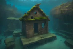 underwater ruins of an old small village with small ruined huts and houses