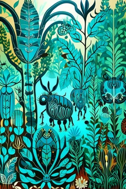 A cyan forest with noisy beetles designed in Oaxacan alebrijes painted by Andy Warhol