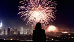 [Strange Days (1995)] from the rooftop of a towering skyscraper: The new year dawns in the city, the neon lights of downtown Los Angeles flickering and flashing in celebration: fireworks! The year is a dystopian 2000, a new millennium, but the streets are still the same - dark, dangerous, and pulsing with energy. As the clock strikes midnight, fireworks explode in the sky, casting a colorful glow over the cityscape. The city is alive, vibrant, a living, breathing entity of its own.