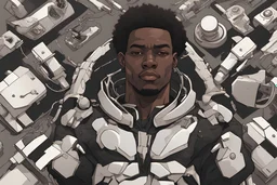 flat lay perspective of a black guy pulled apart in separate pieces as a cyborg in dnd art style