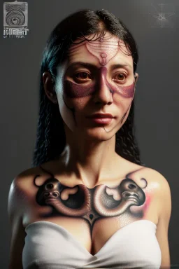 Ultra Realistic image, 38 years old Spanish woman, portrait, small complexion, natural small busty, traditional Japanese body tattoo, jakuza style, traditional Japanese mask, vibrant color, highly detailed, art stations, concept art, smooth, unreal engine 5, god rays, ray tracing, RTX, lumen lighting, ultra detail, volumetric lighting.