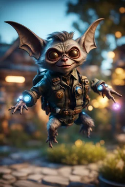 bat gremlin scout pimp hippie, hovering with glowing jets from rocket backpack in the backyard, in the style of a fallout 4,bokeh like f/0.8, tilt-shift lens 8k, high detail, smooth render, down-light, unreal engine, prize winning