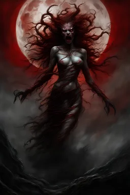 A dramatic digital painting portraying a horror monster under the Red Moon, veins pulsing, claws of temptation visible, soul in turmoil. In the style of Luis Royo and Boris Vallejo, vivid colors, swirling brushstrokes, highly detailed, 8k resolution, surrealistic., juicy emotions, painting, gloomy fantasy, gloomy day, dark world, portrait, oil and graphite, wide strokes, a weaving frame around, by Ryohei Hase, Agnes Cecile, Raymond Swanland, Anne Bachelier