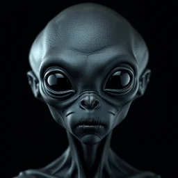 upper body shot of a super black skin alien, full head, 40 years old, looking at the camera, super big head, super big black eyes, small mouth, no ears, total black skin. photo real, hyperrealistic, high dynamic range, rich colors, lifelike textures, 8K UHD, high color depth. neutral dark background.