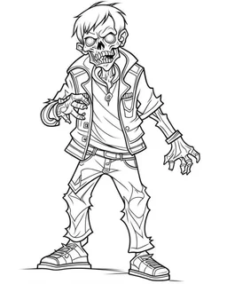 outline art for halloween coloring pages for kids with cartoon cute zombie , white background, Sketch style, full body, only use outline, clean line art, white background, no shadows and clear and well outlined, coloring page for kids,