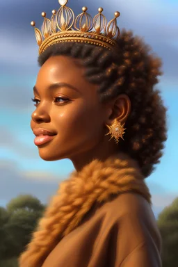 A Portrait of a beautiful brown African Crown of jewels queen with beautiful trees in the background and a sky filled with fluffy white clouds. happy and smiling.