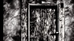 unhinged door, anime, monochrome, black background, ink, simple, maximum quality, broken hinge, barely functioning, why is it still being used it's a health hazard