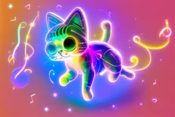 cute chibi dynamically dancing cat, holographic, bioluminescent, an image visualizing musical notes in an abstract and dynamic composition. Let the musical notes dance in the air, forming a symphony of shapes and symbols that convey the essence of sound. Show the notes floating and intertwining in air, creating a visually harmonious composition