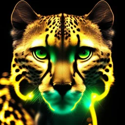 A beautiful portrait of a cyborg cheetah yellow neon color scheme, high key lighting, volumetric light high details psychedelic background