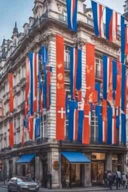 A full street in a big city with frech style building. The street is filled with blue flags