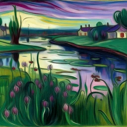 A swamp with purple lilies near a small town painted by Edvard Munch