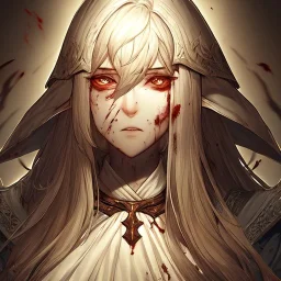 Goodness, elf, Blood splatter, battle wounds, female, portrait, max detail, hd, Long hair, dark souls style, detailed eyes, eye color blue
