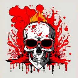 a drawed skeleton with sunglasses, red drops and fire around
