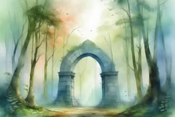 create a watercolor painting of a primeval fantasy forest scene with a stonehenge like archway. bright and misty. with shafts of light