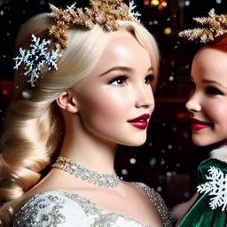 Dove cameron and teen robyn lively, meticulously detailed beautiful faces, meticulously detailed hair; christmas, snow, gothic, sparkles; ethereal fantasy. hues of christmas. hideo kojima. realistic oil painting. victorian era, glitter, snowflakes, holly, pinecones, old fashioned, vintage, antique, beautiful, renaissance, 16k