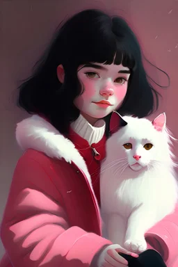 A teenage girl with white skin, hazel eyes, and black hair similar to a boy's hair. She wears a red coat. She is sitting and playing with her fluffy furred white cat. She is wearing a pink collar and appears happy.