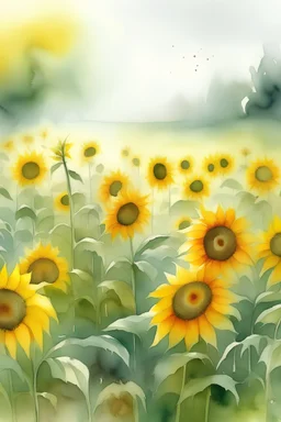 soft misty field of sunflowers in watercolor