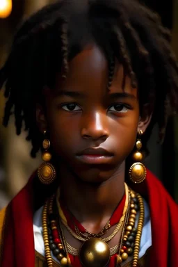A 16 year old African boy with freckles, fire-blue eyes, curly black hair, slitted cat-like pupils, elf ears and vampire fangs. He is wearing traditional African clothing and has ruby earrings and a gold chain necklace with a fire pendant.