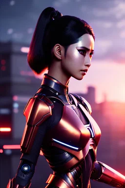 Futuristic manga cyborg, portrait from waist up, intricate eyeliner, vibrant eyeshadow, clear completion, soft lighting, 4k resolution, intricate details, insanely detailed, colorful cityscape background, masterpiece, expert, cinematic smooth, retroanime style, realistic details, no helmet