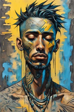 a portrait of a skinny cyberpunk man with her eyes closed and having a headache, acrylic and tint leak, front view, epic vibrant, wlop : :, raggae art, detailed heavy impasto, dull pastel faded colors of warm yellow and beige and black, wavy blue streak tribal patterns, dark dragon tattoo on neck strong olivia pendergast influence