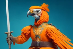 half parrot half human in a orange Dutch uniform with a katana having a sword fight