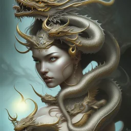 sango fantasy, fantasy magic, intricate, sharp focus, illustration, highly detailed, digital painting, concept art, matte, artgerm and paul lewin and kehinde wiley, masterpiece silver dragon head golden Asian nice breast Afo woman black waves