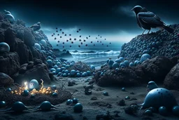 dark fantasy land with mystic, fog, deep cloros, burning landscape with mist, dark fantasy plants, silver and onix crystal eggs lying in sand, pale lights, rocks, weird surreal big dark rabbit-bird mutants, dark fantasy mood, sureal, high quality, high contrast, cinematic, atmospheric, weird mood