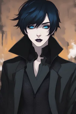 Thin, androgynous character with short black hair. vivid sapphire blue eyes, goth makeup, dark gender neutral goth clothes, urban background, RWBY animation style