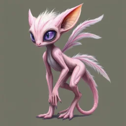 extraterrestrial being, female, humanoid body, pastel pink fur, large lavender eyes, long feathery tail, alien, intricately designed, highly detailed, Greg Rutkowski