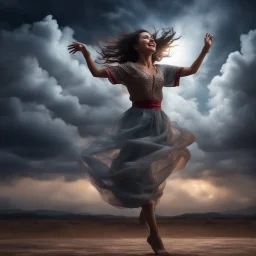 Hyper Realistic happy young-Pushto-woman dancing with cloudy sky & dramatic ambiance at night