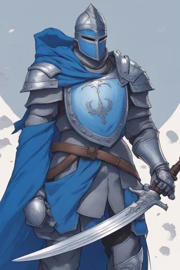 Knight wearing blue armor and blue cape with blue face mask, holding a sword and shield