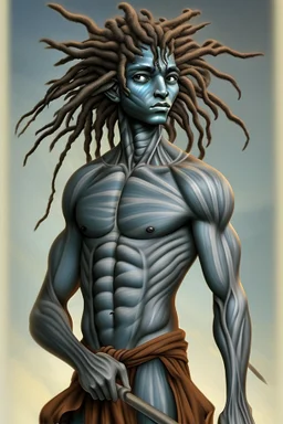 A young male water genasi with deep blue skin color, water shape like dreads on head. Shaolin monk with long stick weapon