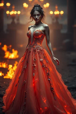 A hyper-realistic, beautyful woman wearing a ballroom gown made of fire, Photo Real, HOF, full size, practicality,manufacturability,performance, (((realism, realistic, realphoto, photography, portrait, realistic, elegant, charming, apocalyptic environment, professional photographer, captured with professional DSLR camera, trending on Artstation, 64k, ultra detailed, ultra accurate detailed, bokeh lighting, surrealism,