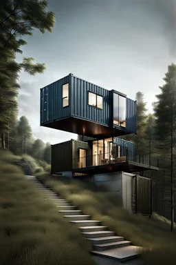 Medium-sized modern house made from shipping containers, on a hill overlooking the woods, photorealistic