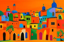 An orange colored suburban town with different shaped buildings designed in Moroccan rug art painted by Alexej von Jawlensky