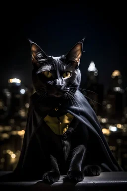 retrato de un gato vestido como batman con una ciudad de noche sombria de fondo