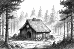 basic pencil sketch of Hagrids round hovel isolated in a forest clearing